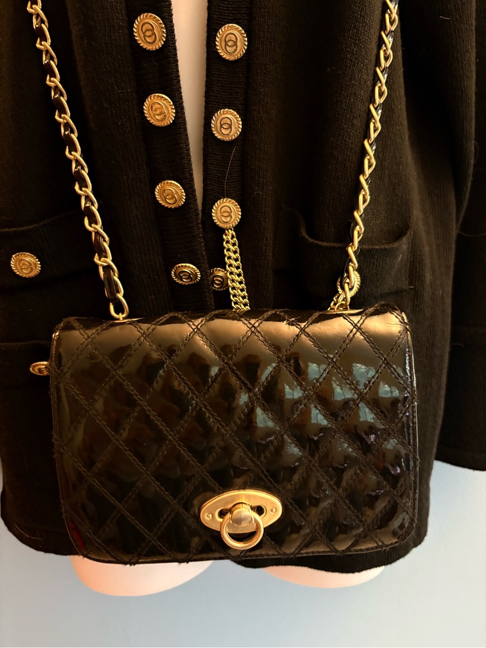 Vintage Paradox Quilted Black Patent Leather Crossbody Chanel Vibes! 30” Chain
